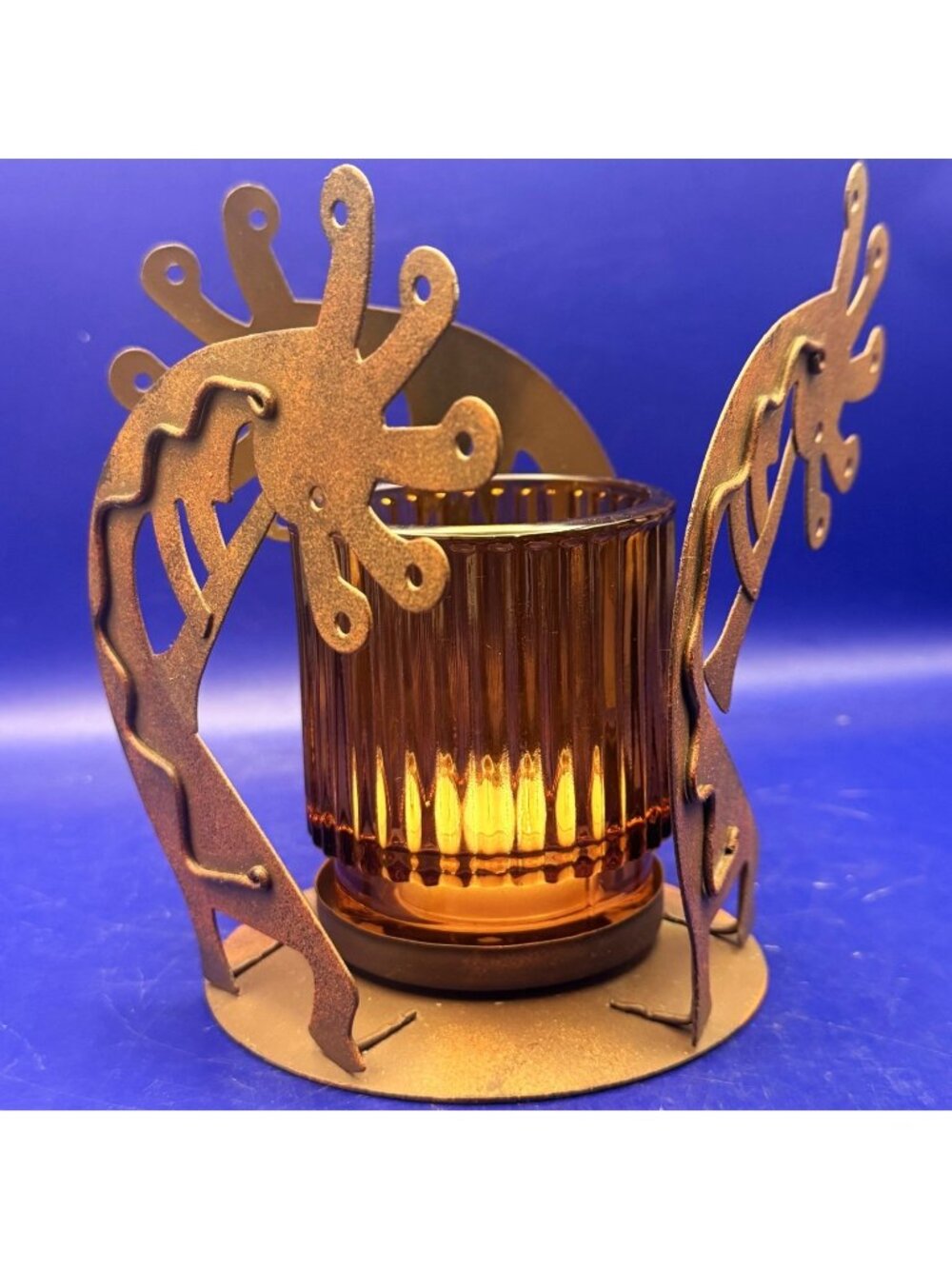 Southwest Kokopelli Rustic Metal Tea Light Votive Candle Holder Amber Glass